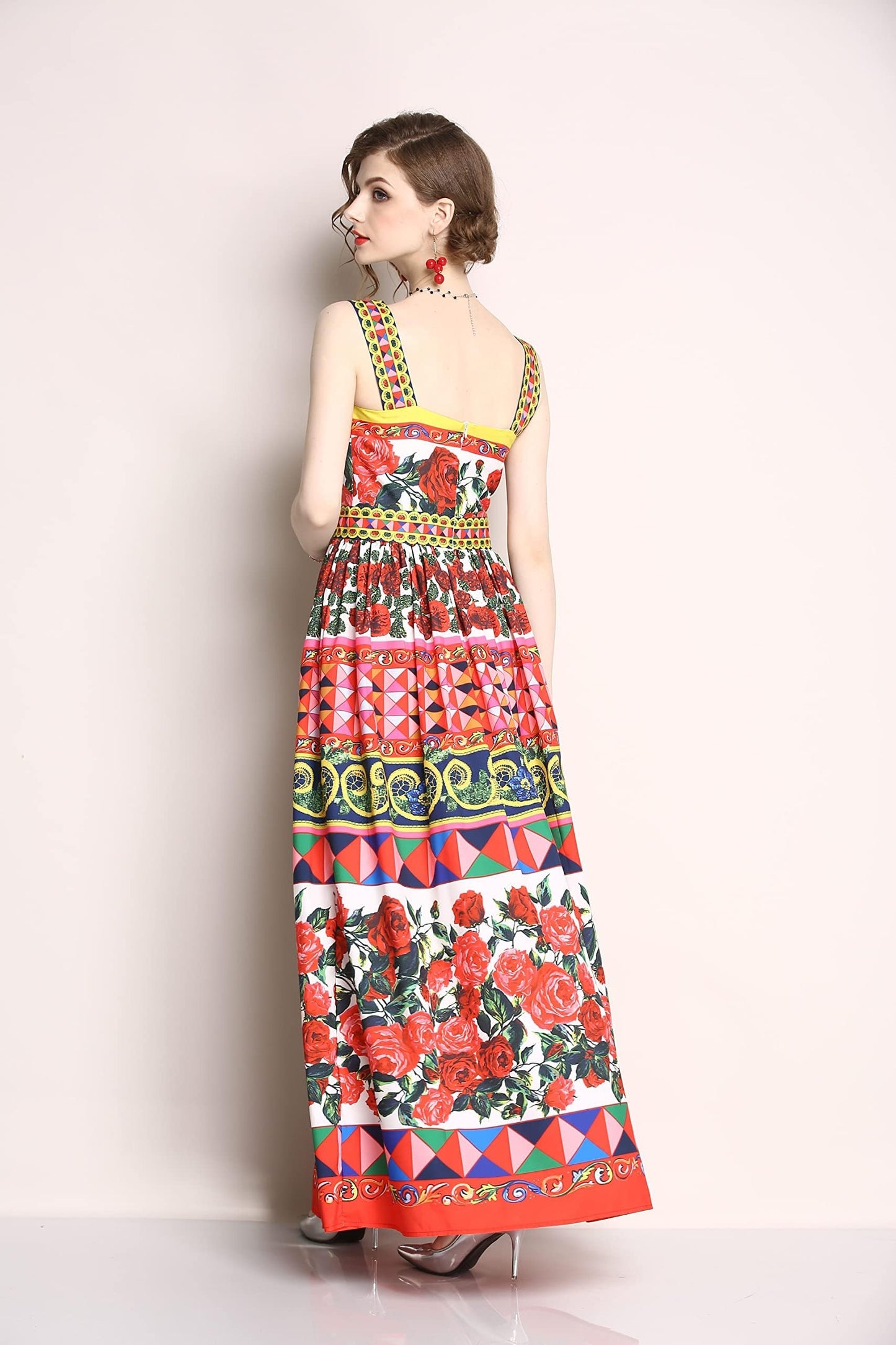 Women's Summer Boho Floral Print Spaghetti Strap Maxi Sun Dress