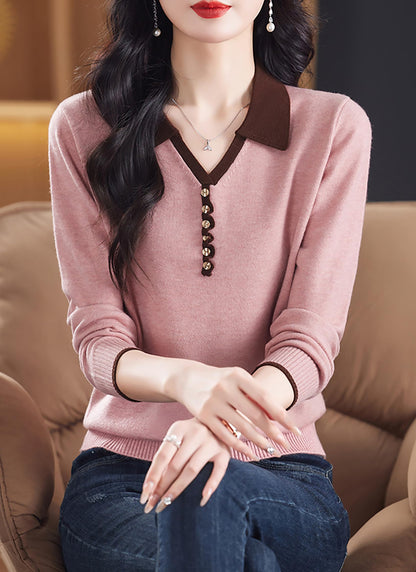 Women's Contrast-Collar Knit Top — Faux Button Placket