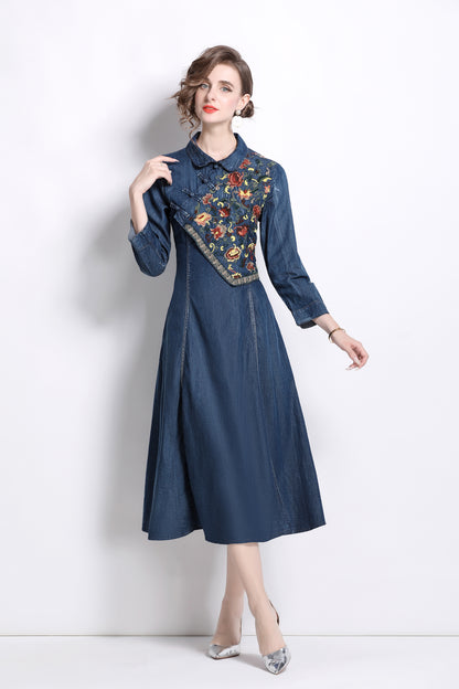 Women's vintage embroidered pocket denim midi dress