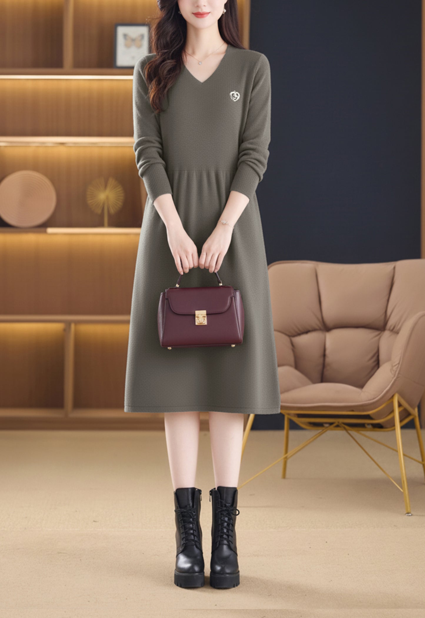 Women's Sweater V Neck Knit  High Waist Midi Dress