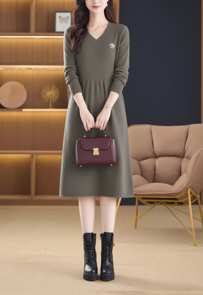 Women's Sweater V Neck Knit  High Waist Midi Dress