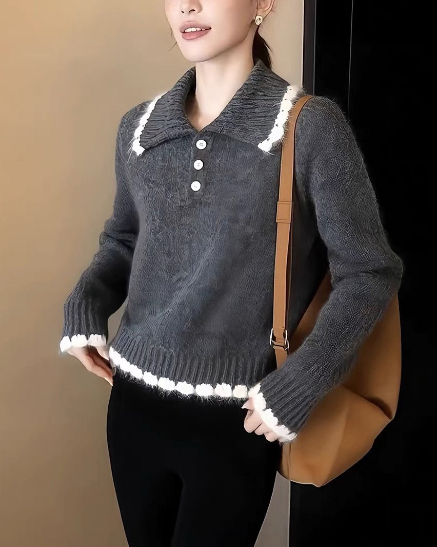 Contrast Trim Knit Polo Sweater | Soft Long Sleeve Pullover