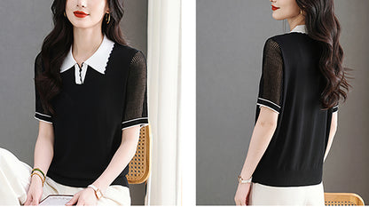 Women's Contrasting Color Polo Collar Knit Blouse