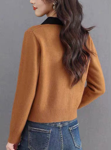 Vintage Contrast Collar Cable Knit Cardigan | Textured Button Crop Sweater