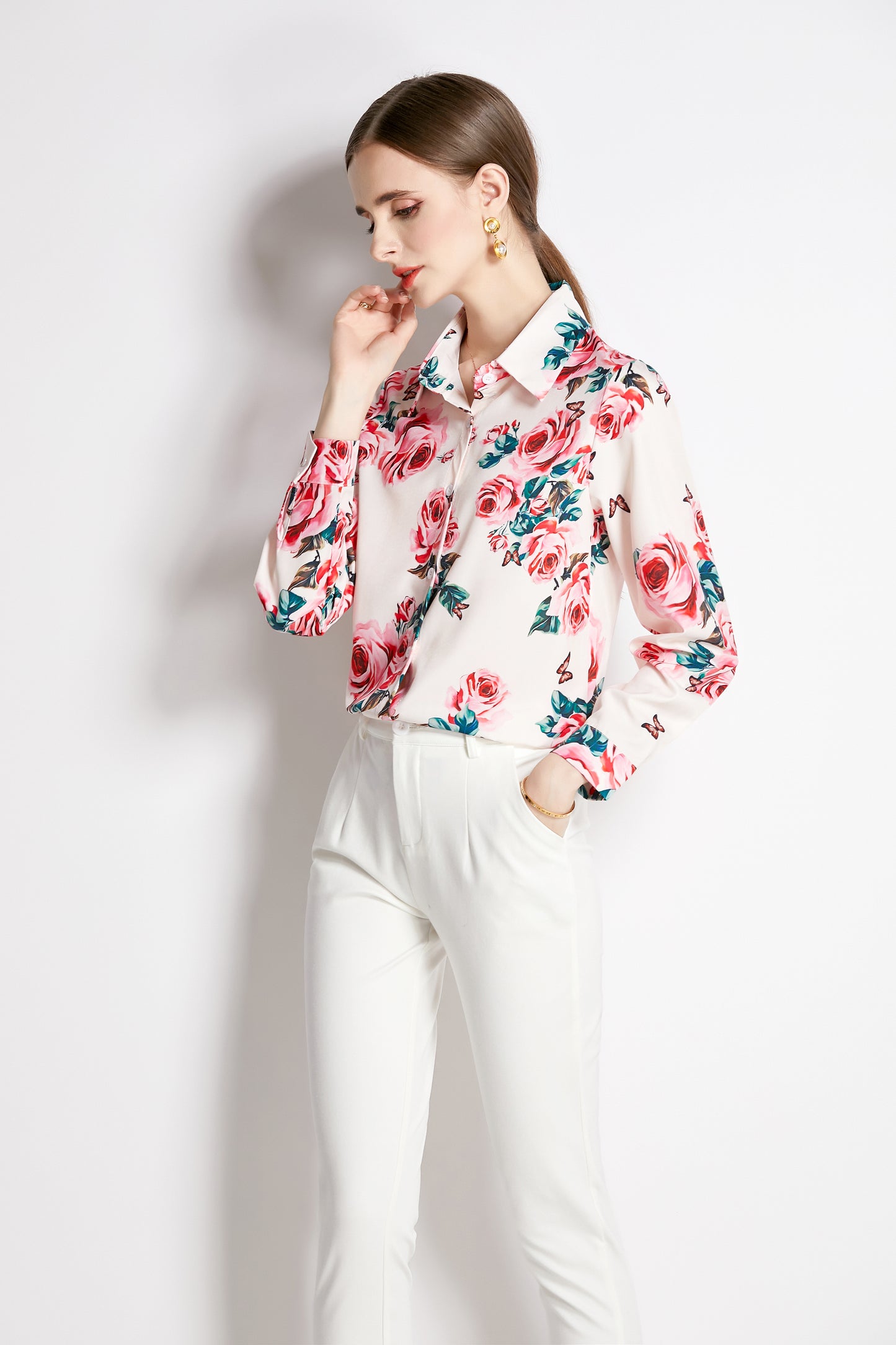 ESY-Women's Shirt Print Long Sleeve Button Blouse - LAI MENG FIVE CATS