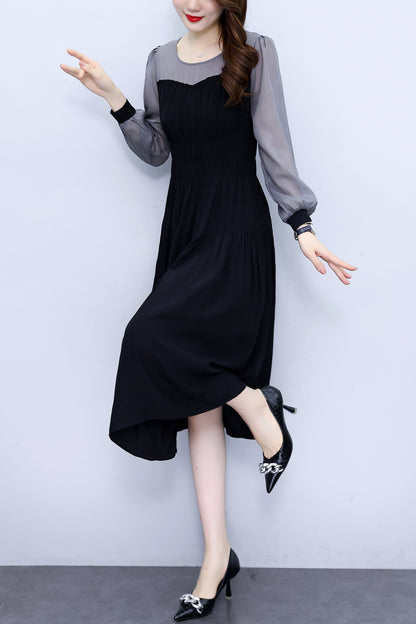 Women's Elegant Patchwork Design A-Line Midi Dress with Pockets