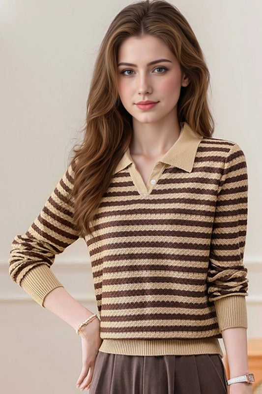 Women's Striped Sweater Lapel Ribbed Pullover Knit