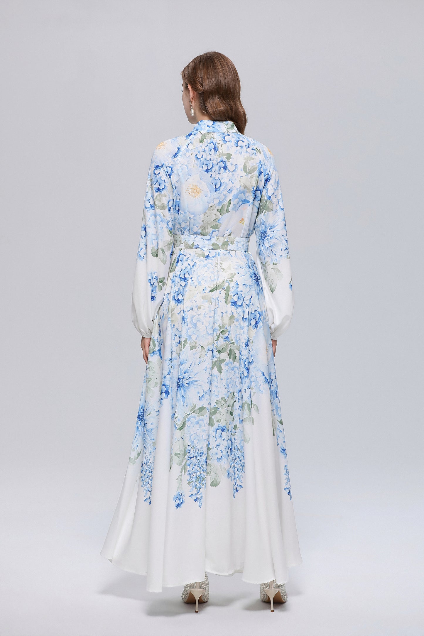 26-Women Floral Print Button Flowy Maxi Belt Dress