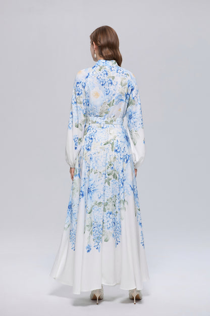 26-Women Floral Print Button Flowy Maxi Belt Dress