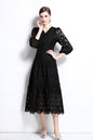 Women's Hollow Lace V-Neck Puff Sleeve Midi Dress