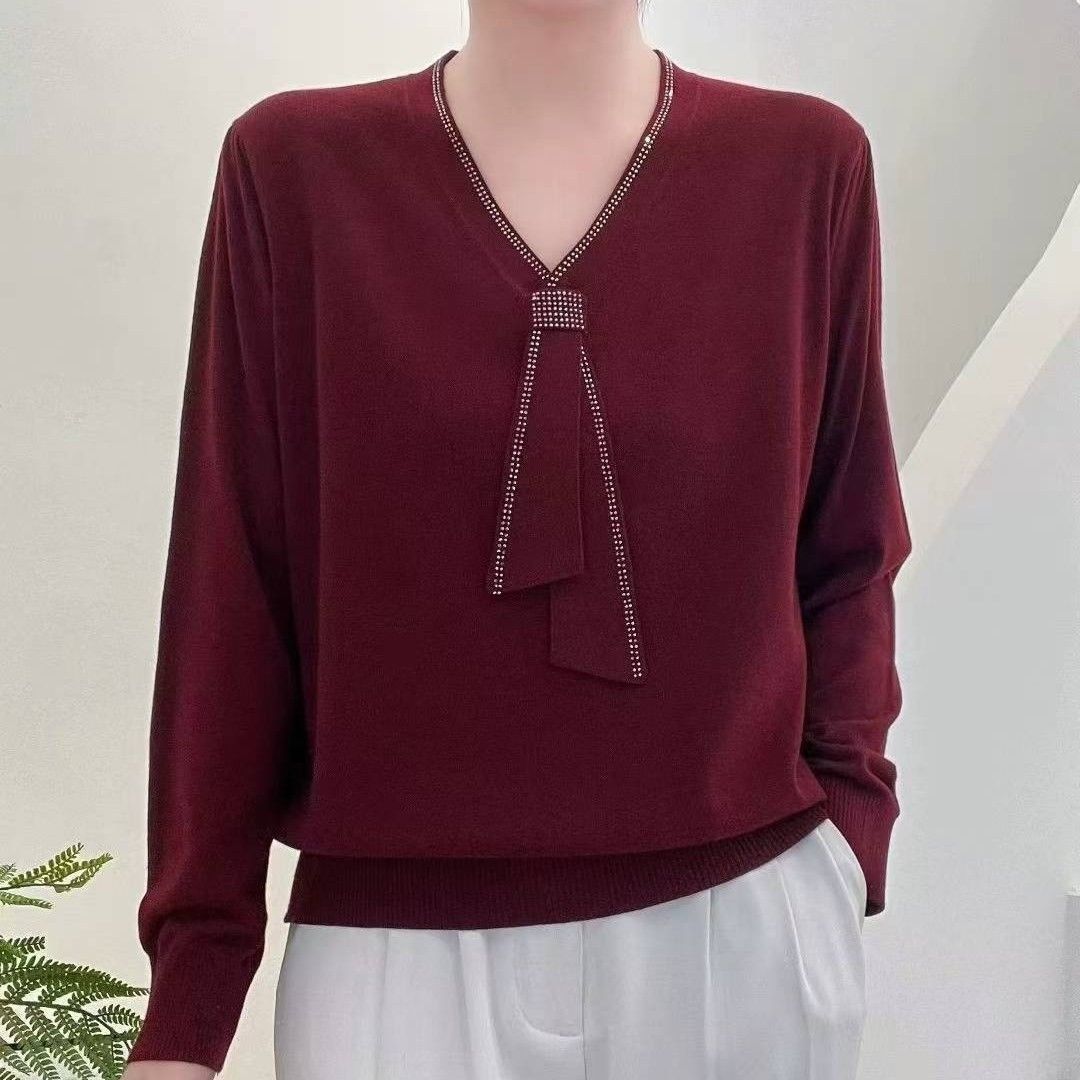 Women's Tie V-Neck Sweater Solid Color Pullover Tops