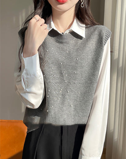 Women's 2 in 1 Round Neck Soft Sweater Top Chic Layering Office Casual