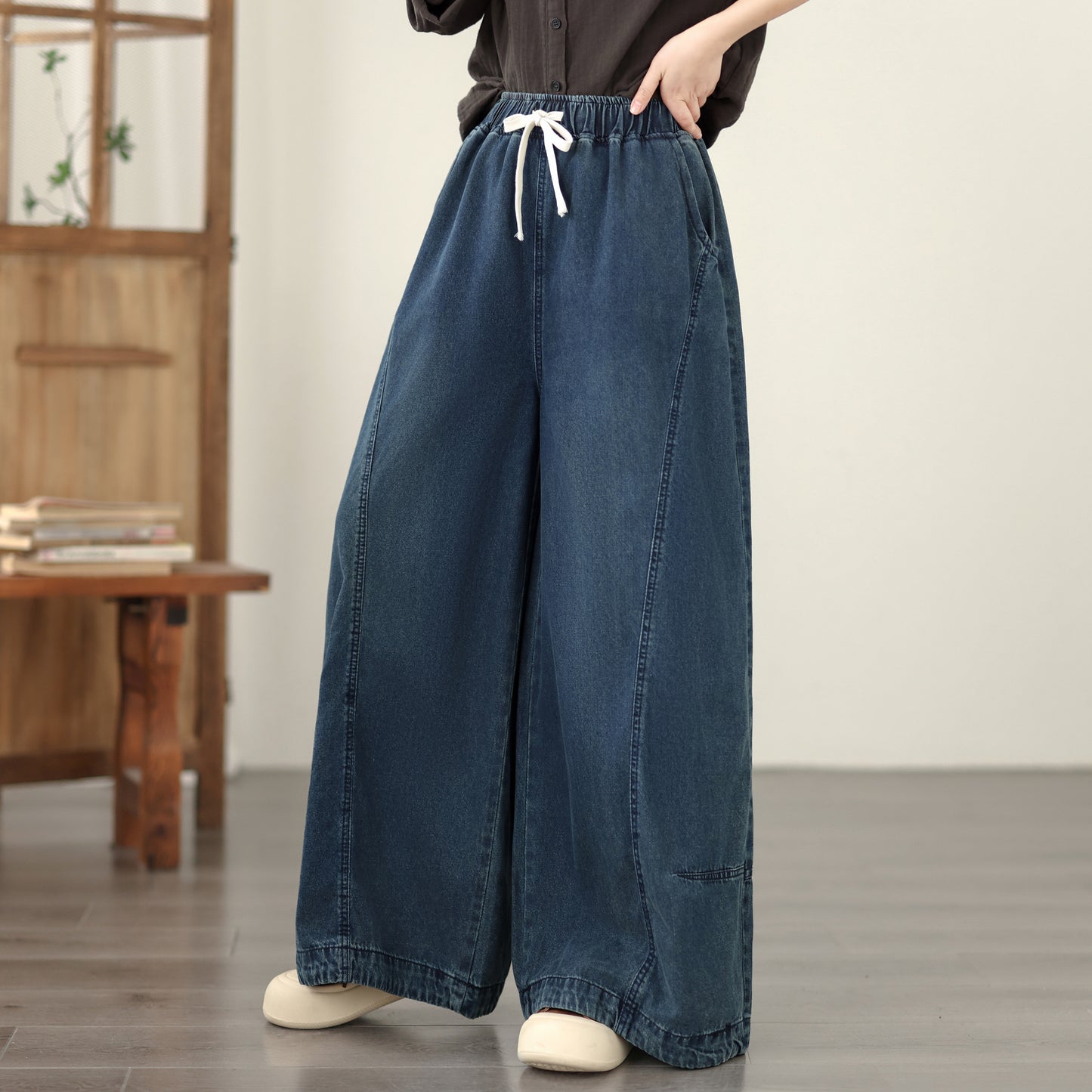 Jeans for Women Wide Leg Pull On Elastic Waist Denim - LAI MENG FIVE CATS