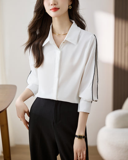 Women's Lapel Collar Long Sleeve Casual Button Blouse - LAI MENG FIVE CATS