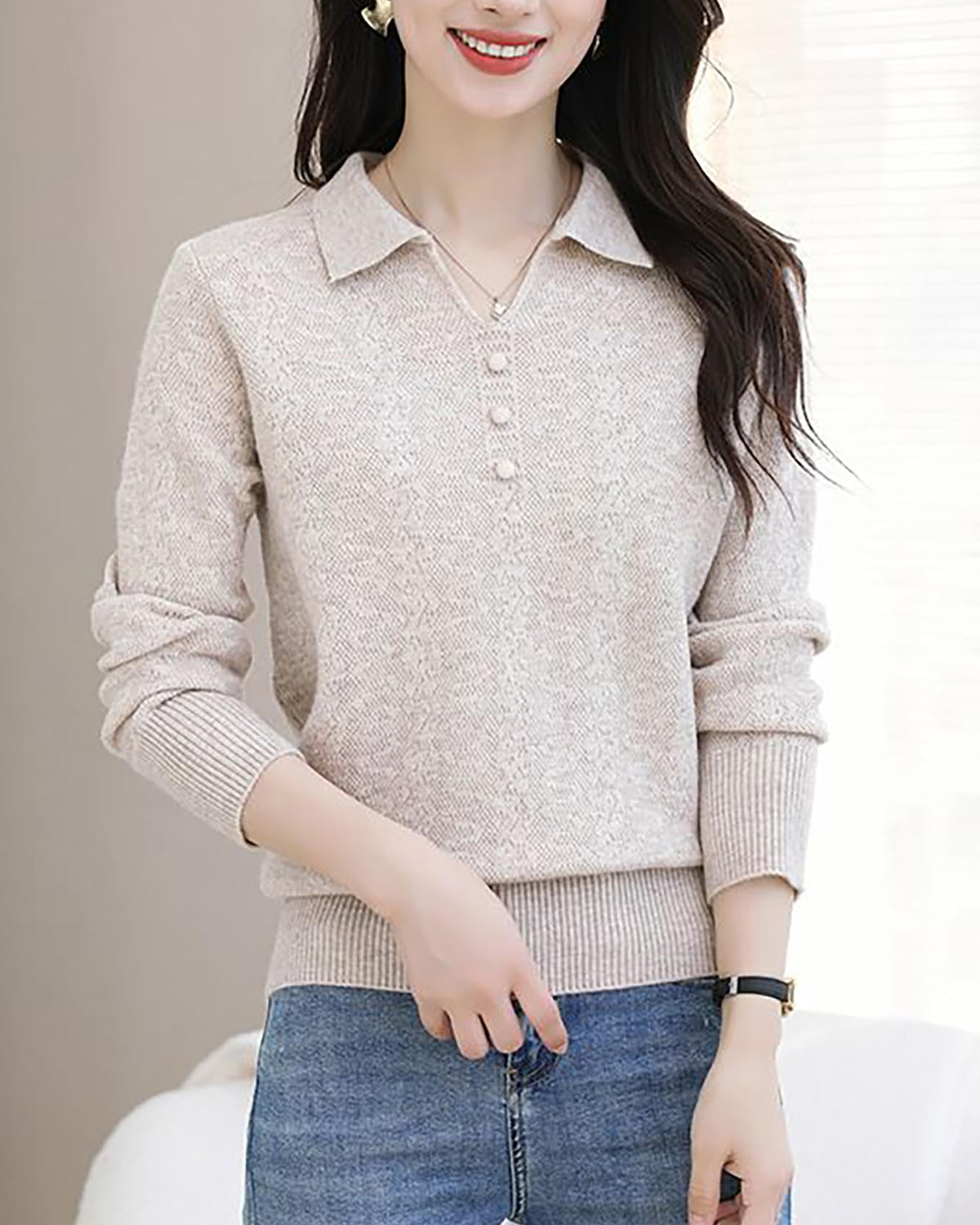 Women's Pink Polo Knit Top — V-Neck & Long Sleeve Ribbet Knitted