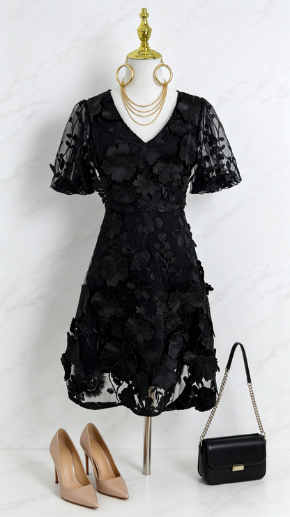 Black 3D Floral Embroidered Cocktail Mini Dress - LAI MENG FIVE CATS