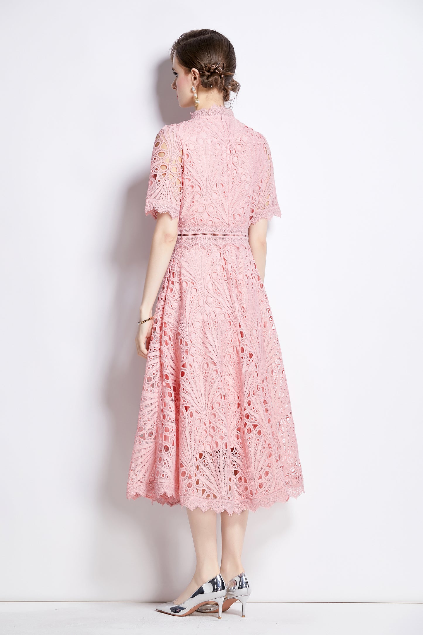 Women's Floral Lace Crew Neck Crochet Waist Midi Dress