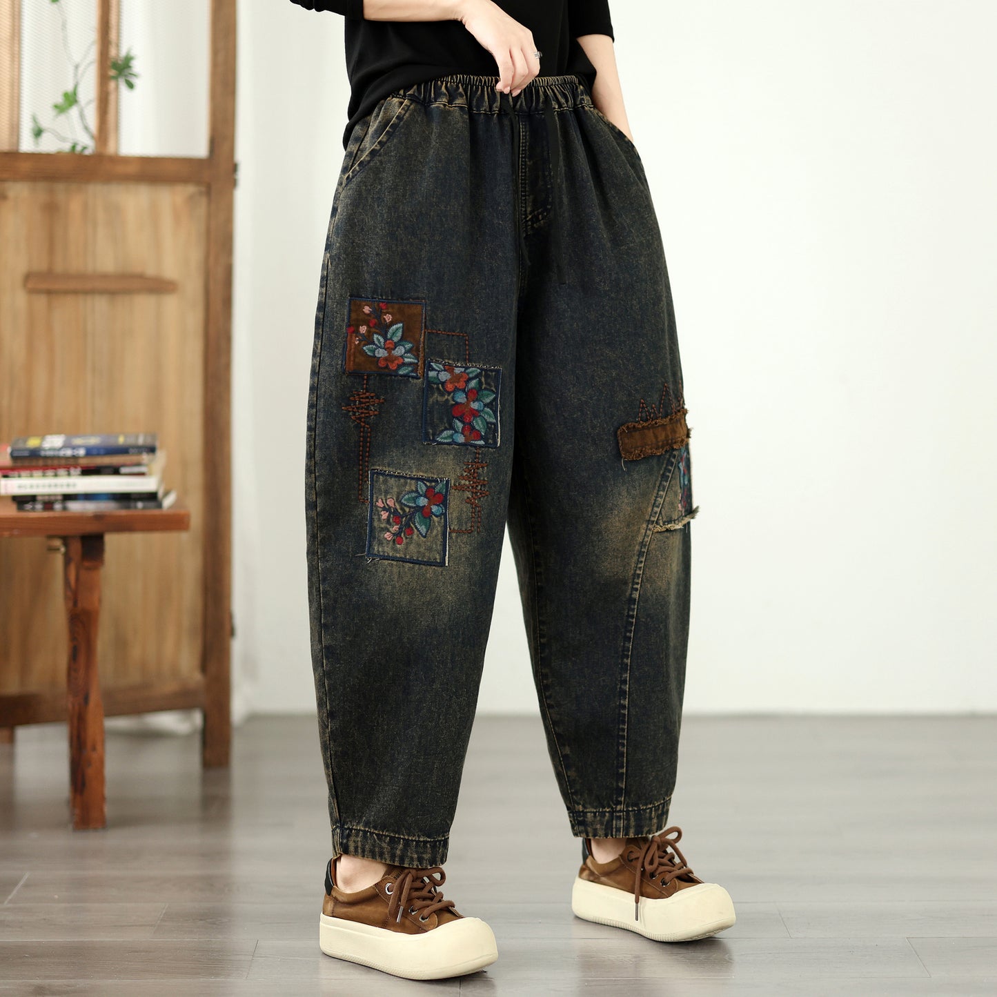 Vintage Embroidered Patchwork Denim Harem Pants