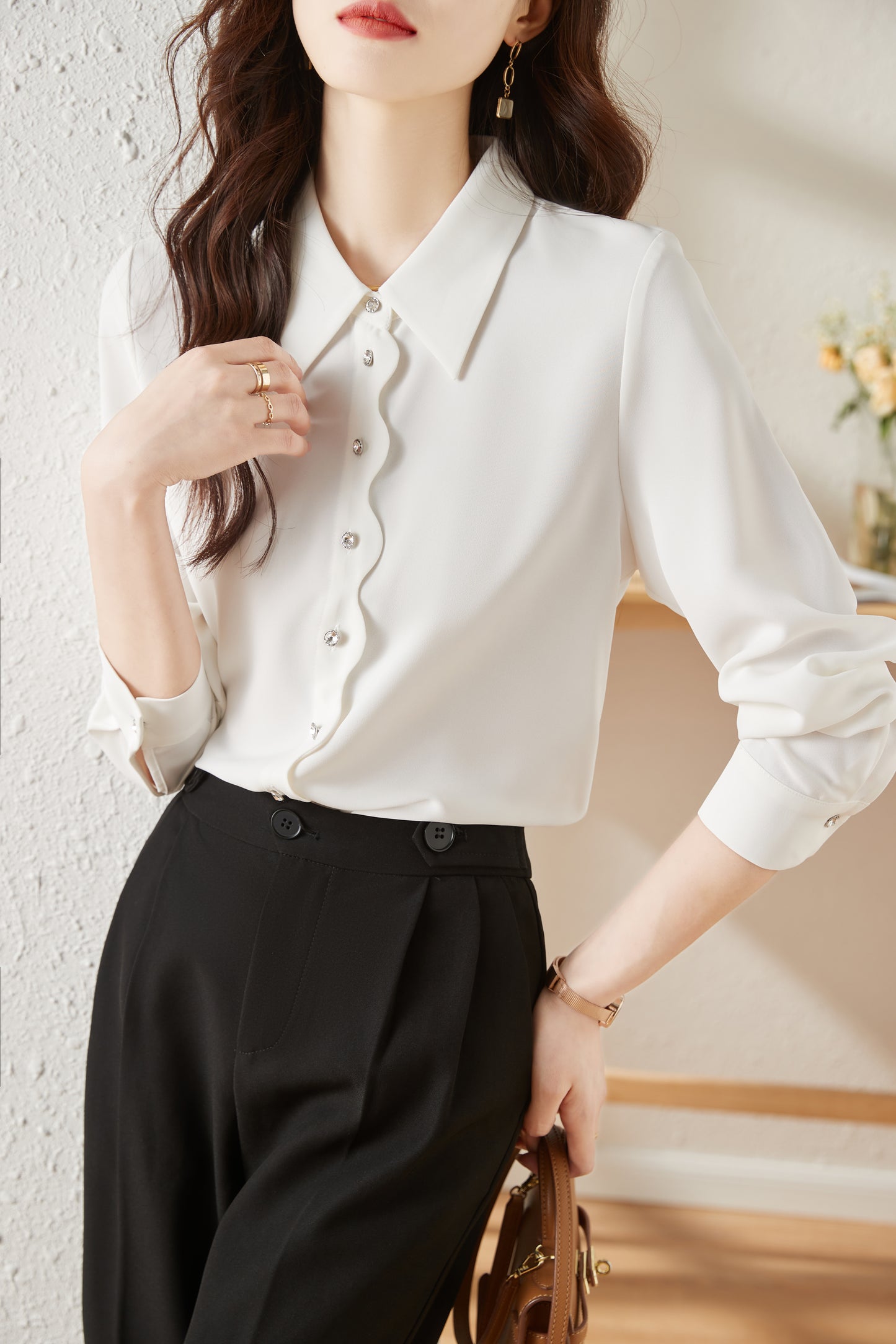 Women's V Neck Lantern Sleeve Blouse Button Tops