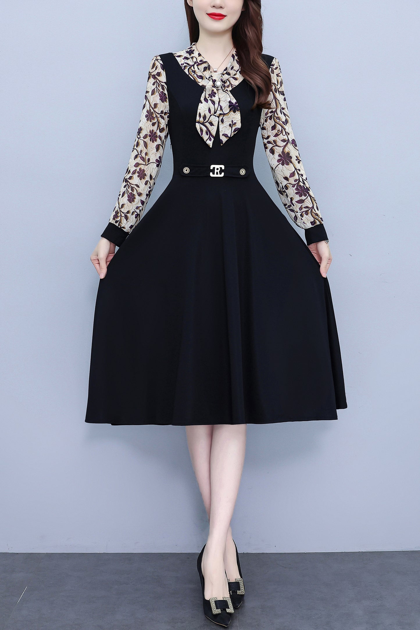Women's V-Neck Long Sleeve Patchwork Black Dress