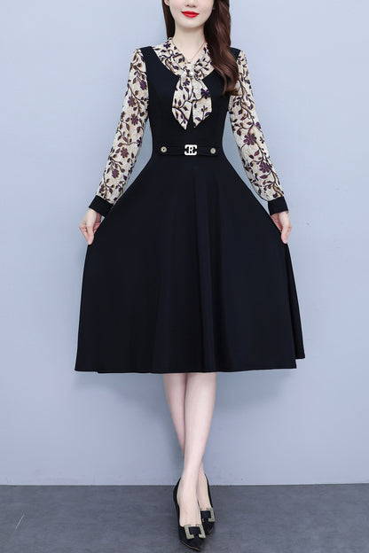 Women's V-Neck Long Sleeve Patchwork Black Dress
