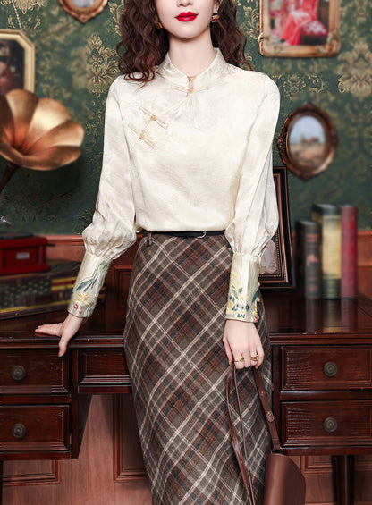 Elegant New Chinese Style Cream Satin Blouse with Floral Cuffs