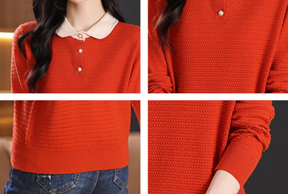 Long-Sleeve Knit Top — Polo Sweater Contrast Collar & Pearl Buttons