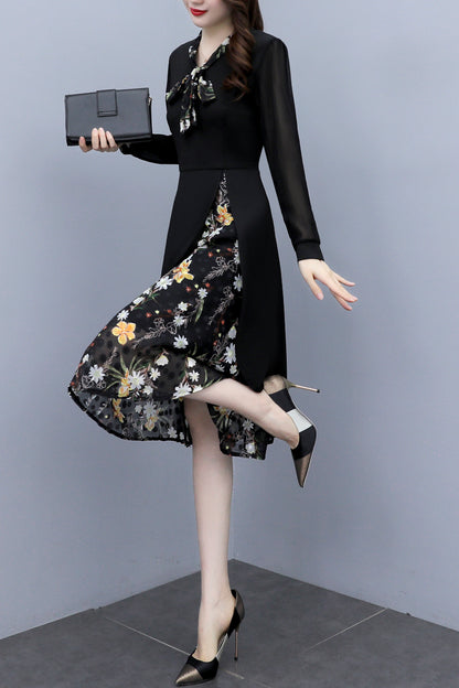 Women's V-Neck Long Sleeve Patchwork Black Dress