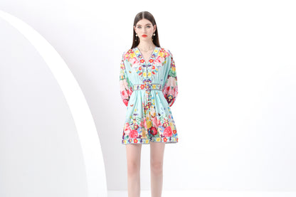 Women's V-Neck Floral Print Lantern Sleeve Mini Dress