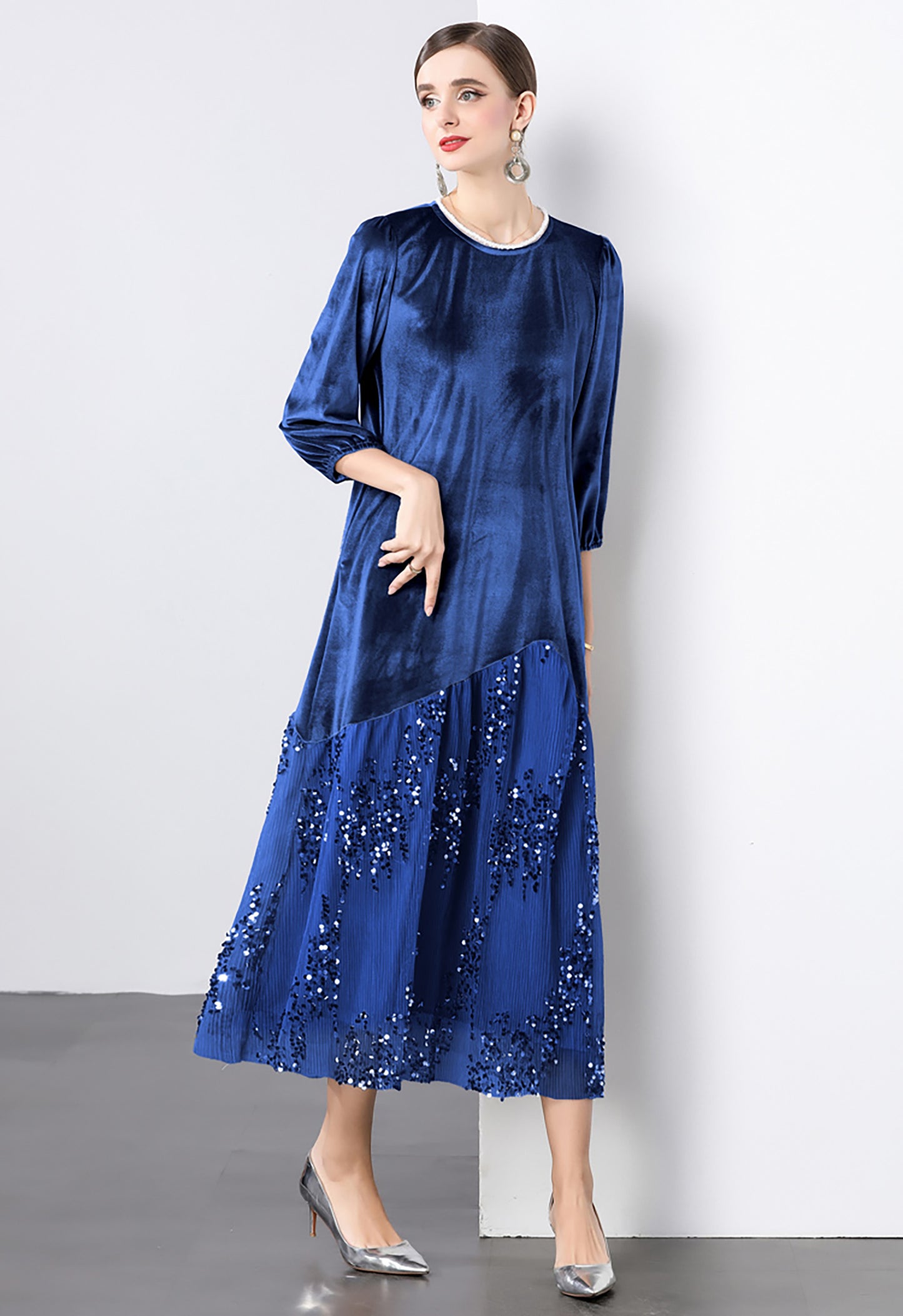 Velvet Lace Patchwork Sequins Midi Dress