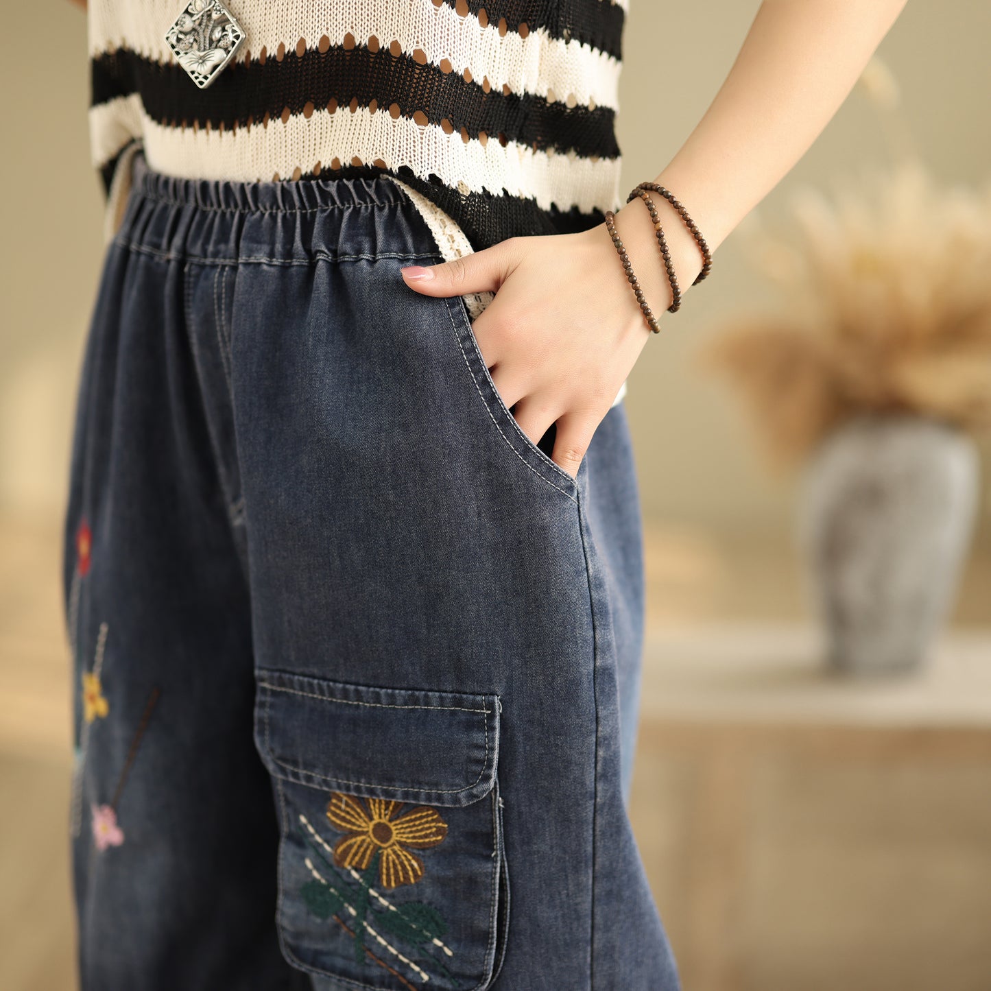 Women Denim Jeans Elastic Waist Harem Short Pants