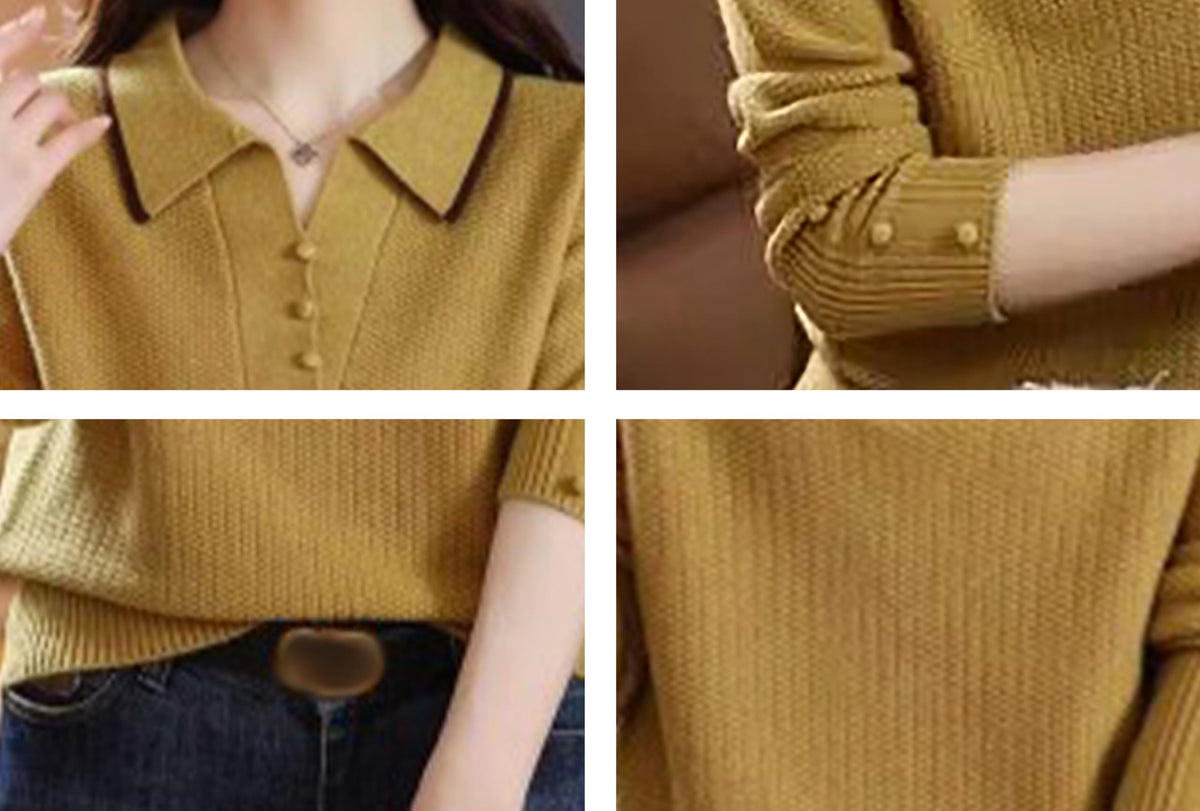 Fine-Knit Polo Top with Contrast Collar & Layered Look Sweater