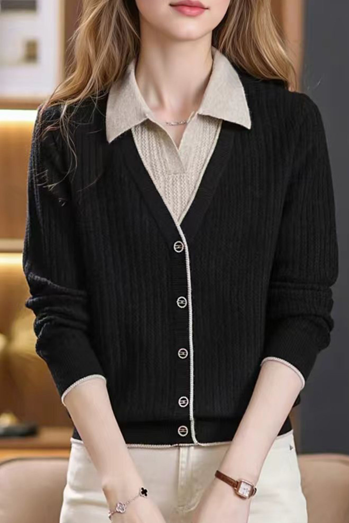 Women's Sweaters Lapel Ribbed Knit Pullover Shirt