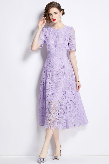 Women's Flowy Floral Lace Short Sleeve Round Neck Evening Dress