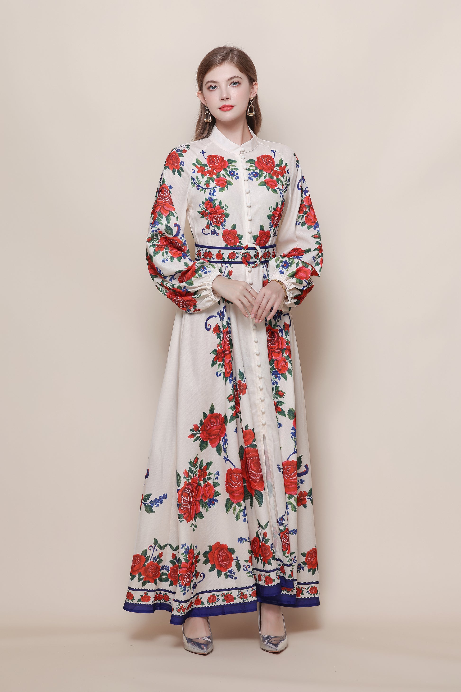 26-Women's Floral Print Puff Sleeve Button Maxi Dress - LAI MENG FIVE CATS
