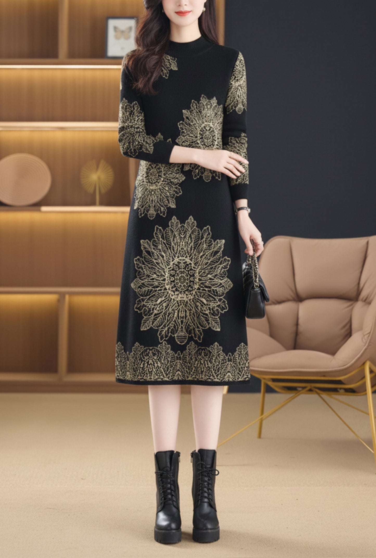 Women's Long Sleeve Print Ribbed Knitted Sweater Dress