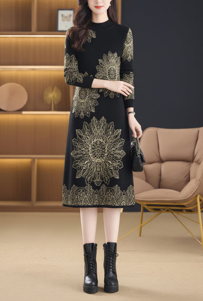 Women's Long Sleeve Print Ribbed Knitted Sweater Dress