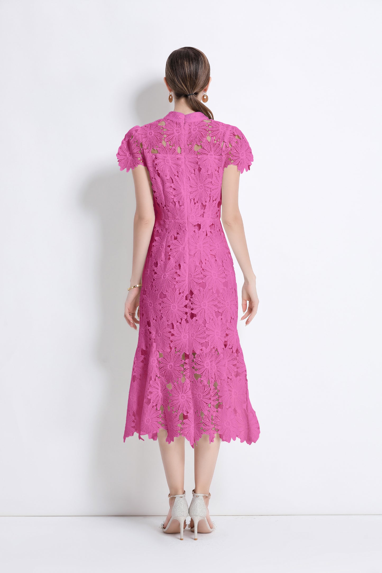Women Hollow Out Lace Floral Fishtail Midi Dress