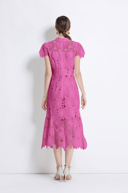 Women Hollow Out Lace Floral Fishtail Midi Dress
