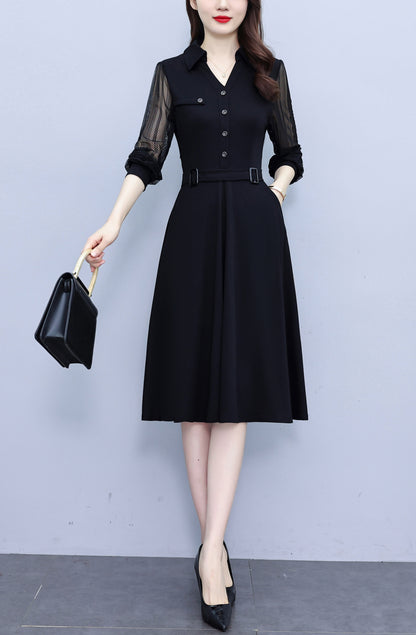 Women's V-Neck Long Sleeve with Pockets Black Dress