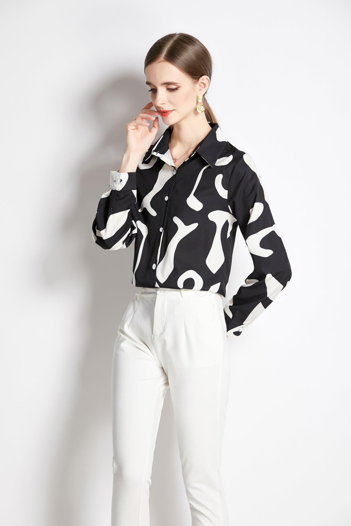 ESY-Women's Long Sleeve Lapel Collar Print Button Blouse