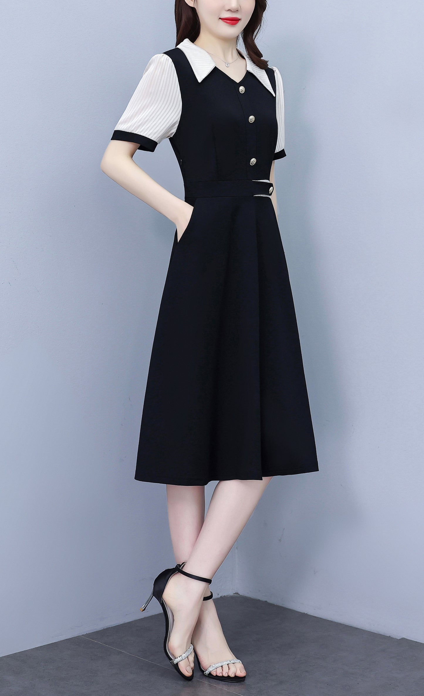 Women's Lapel V-Neck Pocket Short Sleeve Midi Dress - LAI MENG FIVE CATS