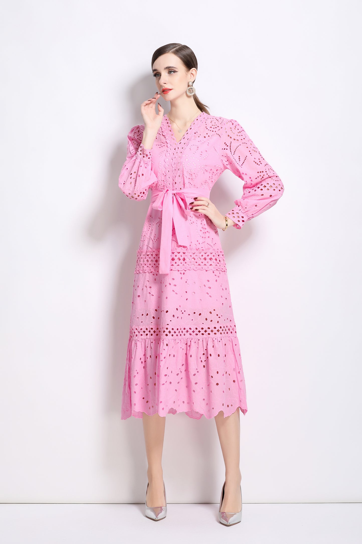 V-Neck Puff Sleeves Hollow Lace Midi Dress