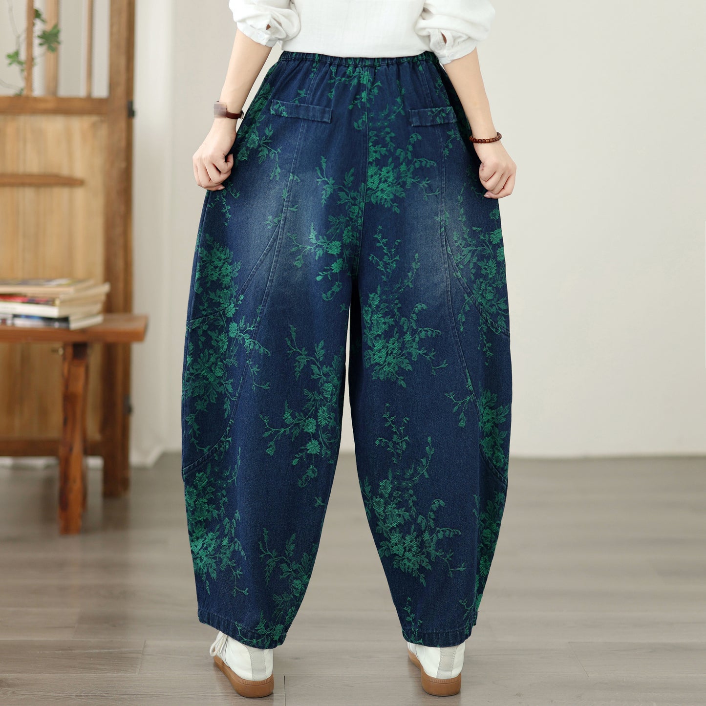 Vintage Print Denim Jeans for Women - High-Waisted, Loose-Fit Harem Pants