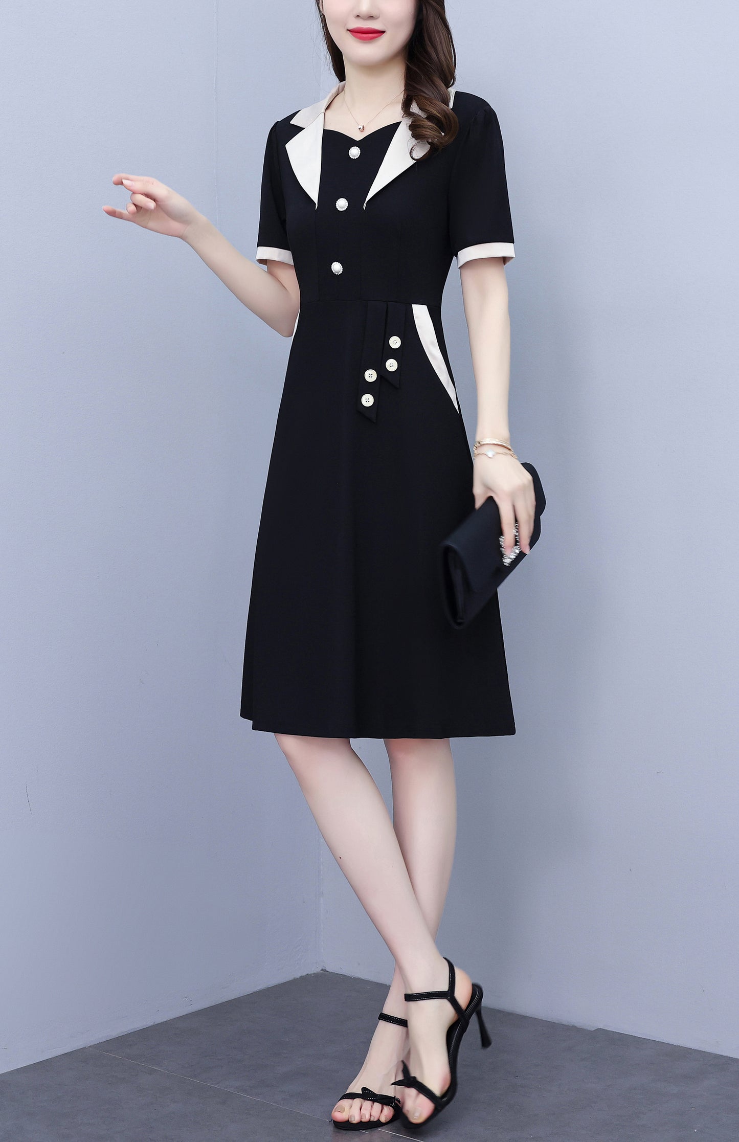 Women's Short Sleeve Pocket Work Office Suit Dress - LAI MENG FIVE CATS