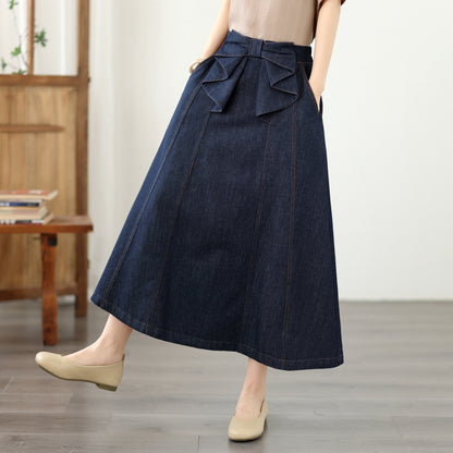 Bow Waist Denim Midi Skirt – Dark Wash Quiet Luxury Skirt