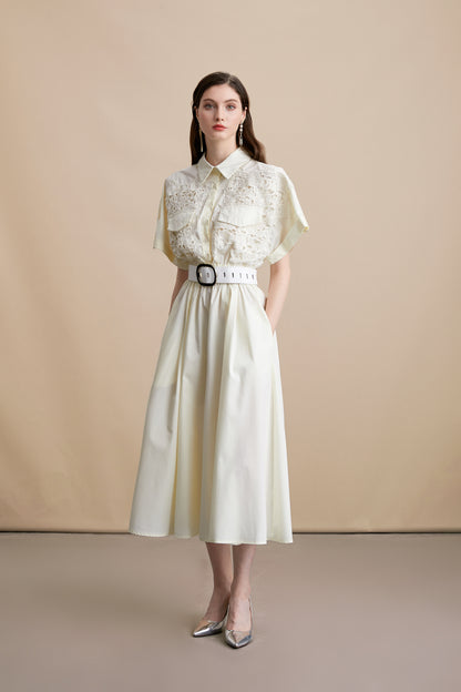 Women's Lace Collar Short Sleeves Pocket Midi Dress