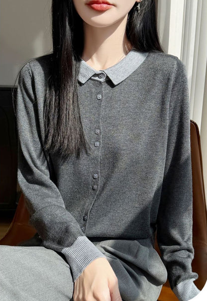 Contrast Collar Knit Cardigan – Two-Tone Polo Button-Up Sweater