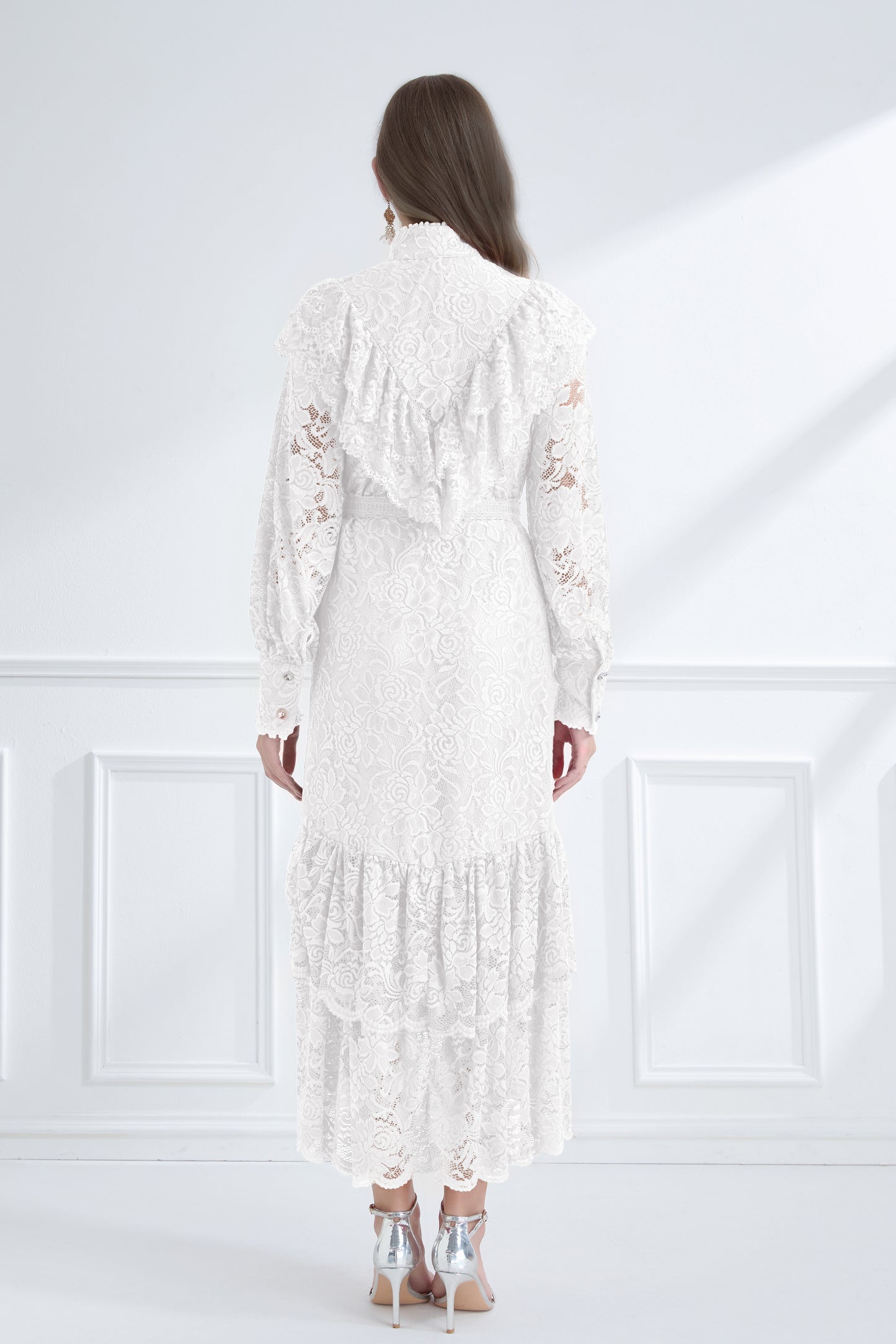 Women's Lace High Neck Ruffles Fishtail Maxi Dress