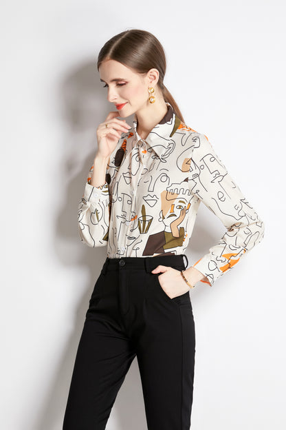 ESY-Women's Long Sleeve Lapel Collar Print Button Blouse
